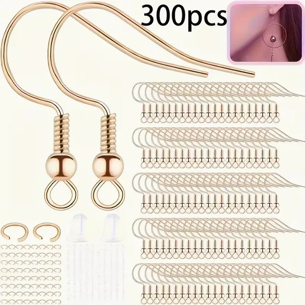 Earring Findings Kit – 300pc Hooks, Jump Rings & Backs, Gold or Silver Tone