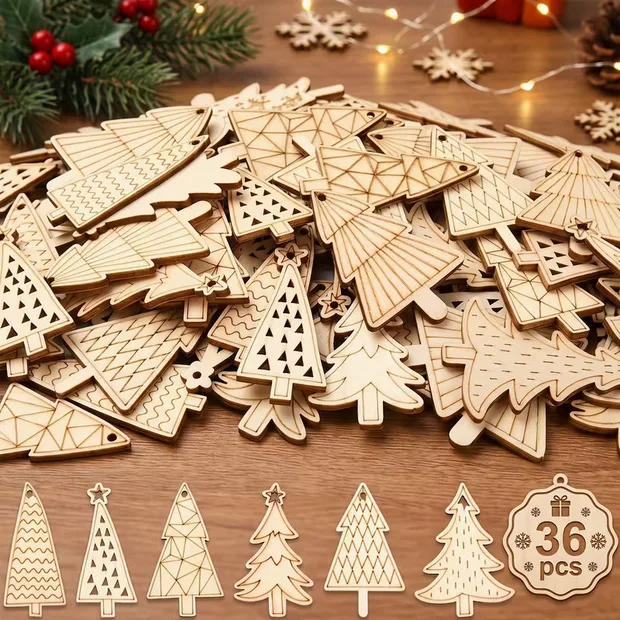 Wooden Christmas Tree Decorations – Pack of 36, 5cm