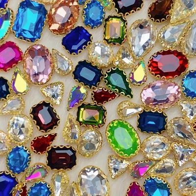 Sew-On Rhinestones in Gold Settings – 40 Mixed Colour Glass Gems