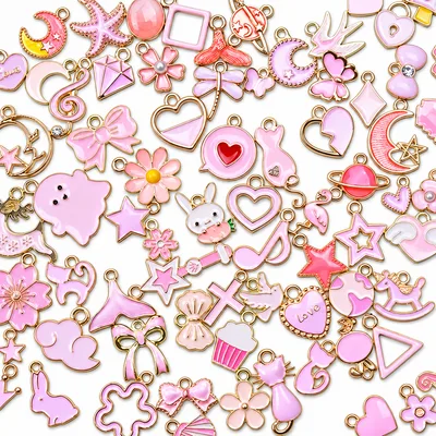 Pink Enamel Charms, Mixed Pack of 50 – Gold Tone