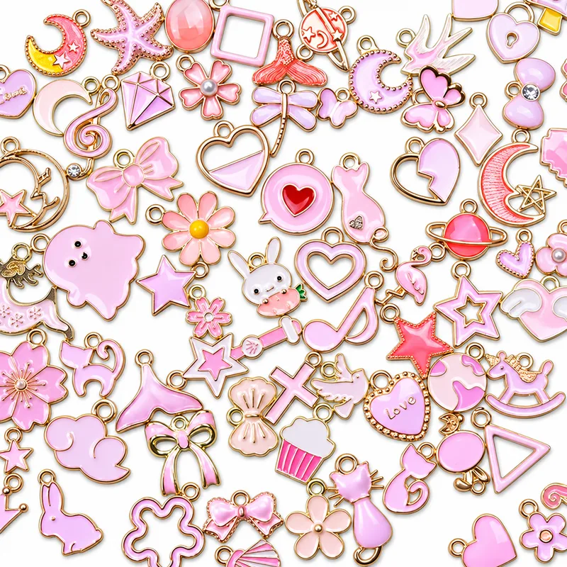 Pink Enamel Charms, Mixed Pack of 50 – Gold Tone