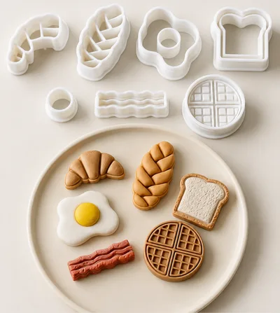 Mini Breakfast Polymer Clay Cutters – Egg, Bacon, Toast, Waffle & Croissant, 7pc