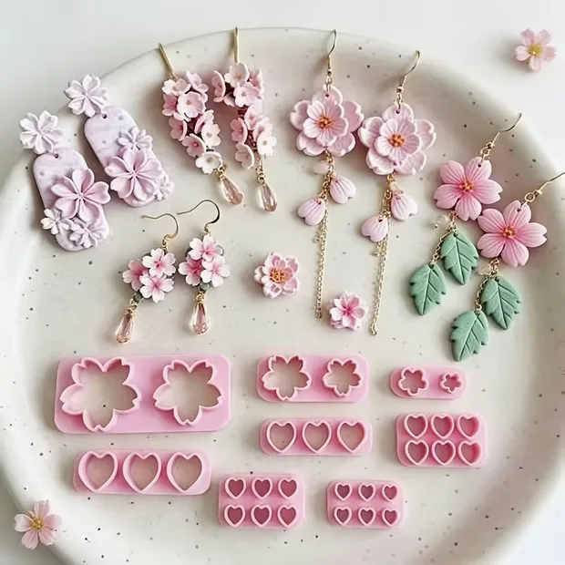 Cherry Blossom & Heart Polymer Clay Cutters – 8pc Set, 4–24mm