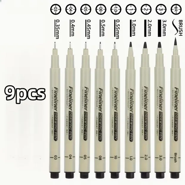 9pc Black Fineliner Pen Set