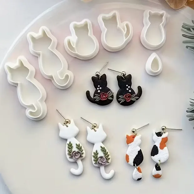 Cat Polymer Clay Cutters – 6pc Set of Sitting Cat Silhouettes, 26–45mm