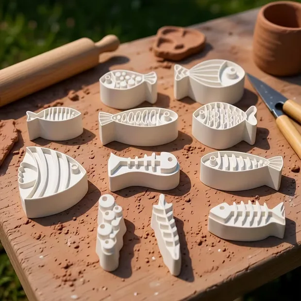 Boho Fish Polymer Clay Cutters – 12pc Set with Bubbles & Seaweed, 35mm