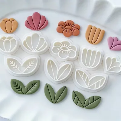 Tulip, Flower & Leaf Polymer Clay Cutters – 8pc Botanical Set, 20–34mm