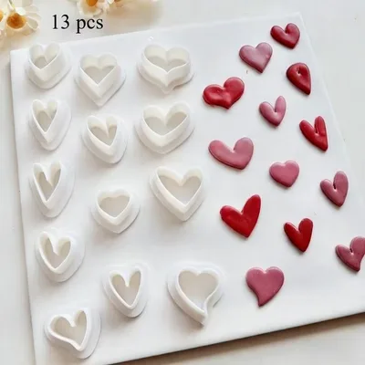 Mini Heart Polymer Clay Cutters – 13 Plain Hearts in Assorted Styles, 14–17mm