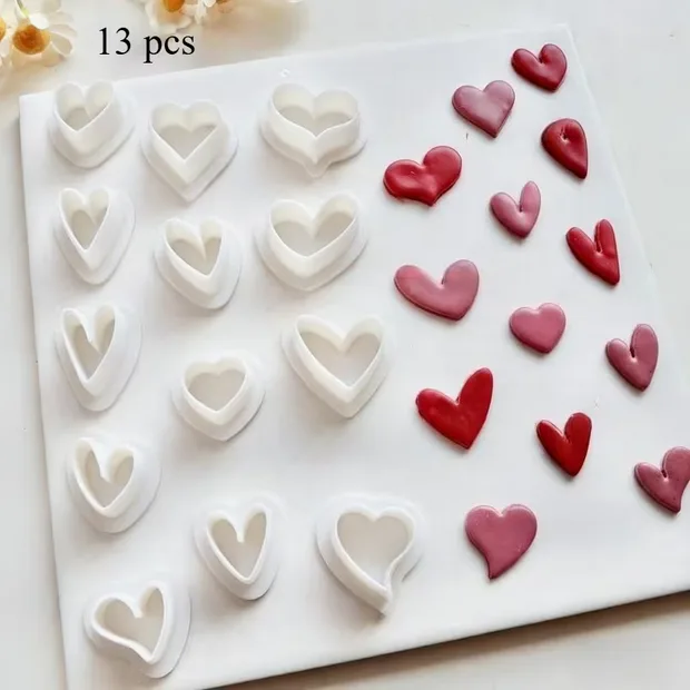 Mini Heart Polymer Clay Cutters – 13 Plain Hearts in Assorted Styles, 14–17mm