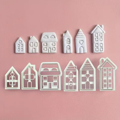 Mini House Polymer Clay Cutters – 6 Townhouse Designs with Windows & Doors