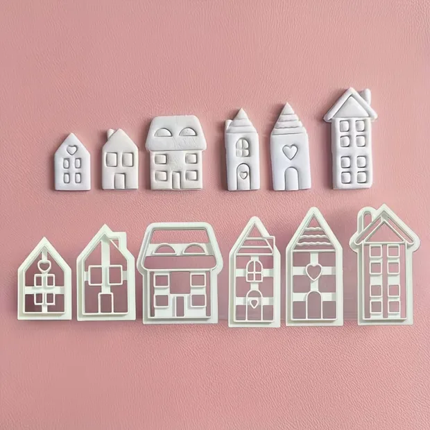 Mini House Polymer Clay Cutters – 6 Townhouse Designs with Windows & Doors
