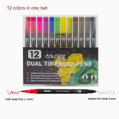 Dual-Tip Watercolour Brush Pens – 12 Colours